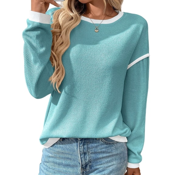 Female Fashion Crewneck Pullover Sweater Casual Color Block Ribbed Knit Tops Loose Fall Tops Shallow Lake Blue L