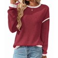 thumbnail image 1 of Female Fashion Crewneck Pullover Sweater Casual Color Block Ribbed Knit Tops Loose Fall Tops Wine Red L, 1 of 9