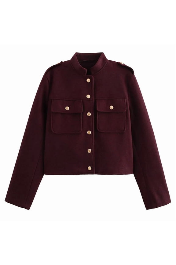 Female Fashion Cropped Jacket Button Down Shirt Shacket Jackets Light-Weight Spring Jackets Trendy Wine Red S