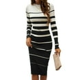 thumbnail image 1 of Female Fashion Striped Dress Long Sleeve Crew Neck Bodycon Midi Ribbed Knit Slim Fit Sweater Dress White XL, 1 of 7