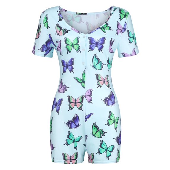 Female Fashion V Neck Butterfly Print Short Sleeve Jumpsuit Bodysuit Sleepwear