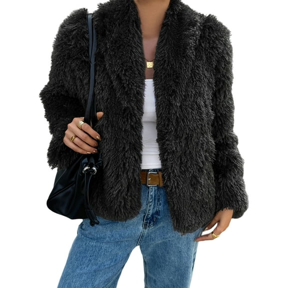 Female Faux Fur Coat Cropped Lapel Fur Jacket Long Sleeve Open Front Parka Outerwear Black S