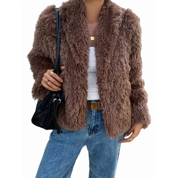 Female Faux Fur Coat Cropped Lapel Fur Jacket Long Sleeve Open Front Parka Outerwear Brown L