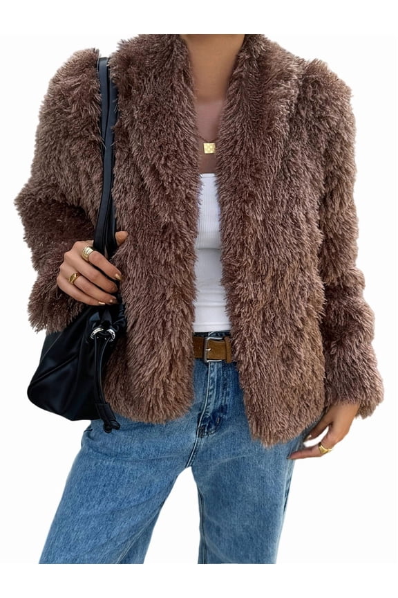 Female Faux Fur Coat Cropped Lapel Fur Jacket Long Sleeve Open Front Parka Outerwear Brown S