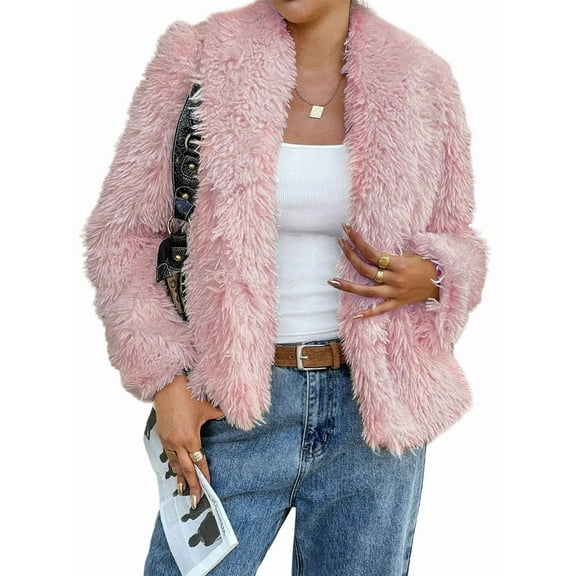 Female Faux Fur Coat Cropped Lapel Fur Jacket Long Sleeve Open Front Parka Outerwear Pink S