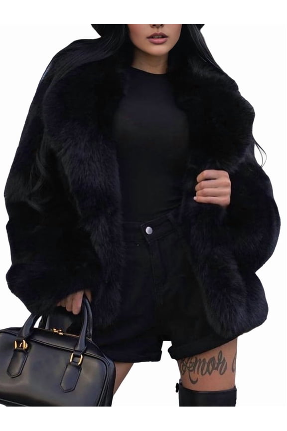 Female Faux Fur Coat Faux Fur Jacket Long Sleeve Lapel Furry Winter Jackets Parka Short Coat Black XS