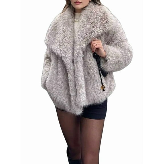 Female Faux Fur Coat Faux Fur Jacket Long Sleeve Lapel Furry Winter Jackets Parka Short Coat Ivory Gray XS