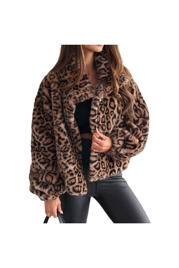 Female Faux Fur Long Coat Button Down Lapel Fleece -Jacket Leopard Print S