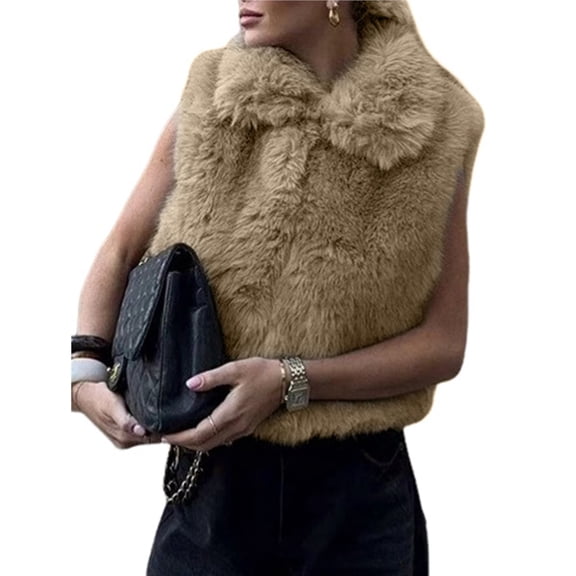 Female Faux Fur Vests Fuzzy Warm Open Front Lapel Sleeveless Cropped Winter -Coats Outerwear Brown XS