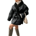 thumbnail image 1 of Female Faux Leather Jacket with Faux Fur Collar, Winter Long Sleeve Furry Trim Peplum Parka Coat with Belt Black L, 1 of 7