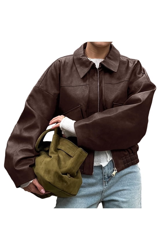 Female Faux Leather Motorcycle Jacket Trendy Pockets Zip Up Cropped Jackets Coat Outerwear Brown M