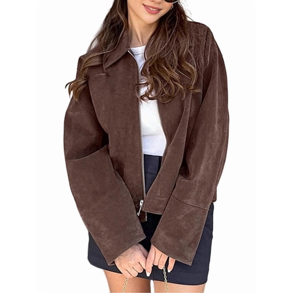 Female Faux Suede -Jacket Zipper Pilot Coat Casual Lapel Oversized Long Sleeves Y2K Outerwear Coats Brown S