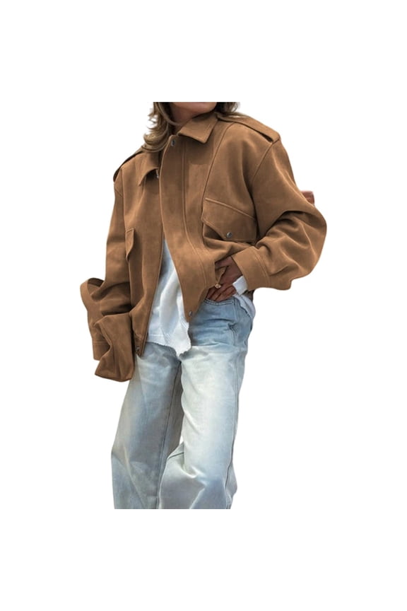 Female Faux Suede Leather Jacket Cropped Button Down Long Sleeve Casual Varsity Baseball with Pockets Khaki M