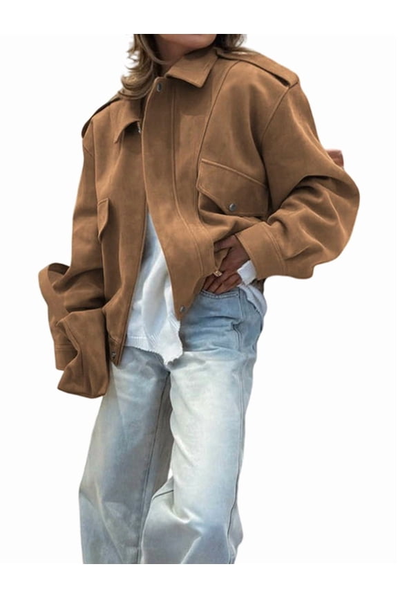 Female Faux Suede Leather Jacket Cropped Button Down Long Sleeve Casual Varsity Baseball with Pockets Khaki XL