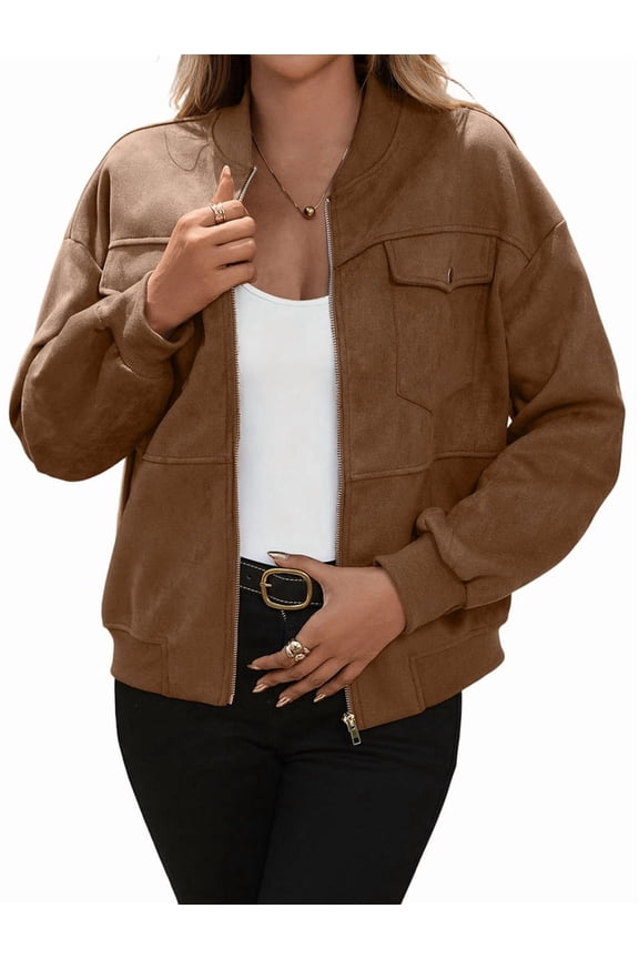 Female Faux Suede Leather Jacket Cropped Zip Long Sleeve Casual Varsity Baseball with Pockets Brown M
