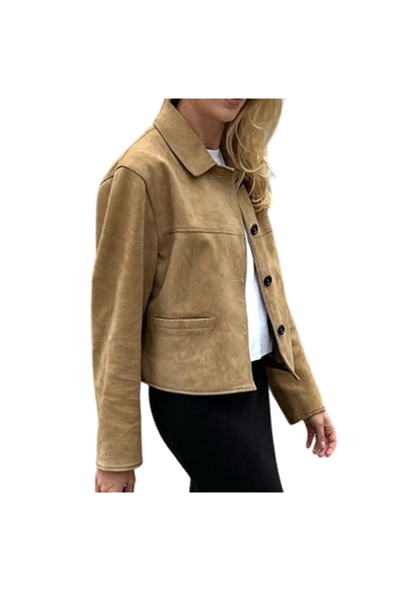 Female Faux Suede Leather Jackets Casual Cropped Coats Vintage Button Down Shackets Khaki M