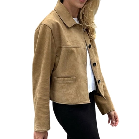 Female Faux Suede Leather Jackets Casual Cropped Coats Vintage Button Down Shackets Khaki M