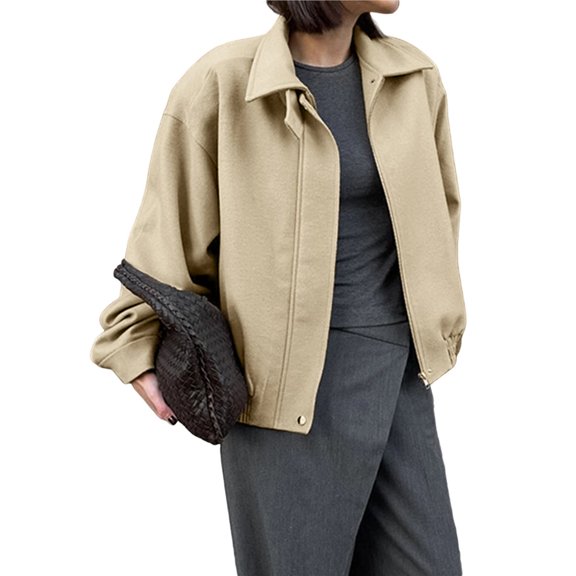 Female Faux Suede Motorcycle Jackets Oversized Zip Up -Coats Fall Fashion Winter Outerwear Khaki M