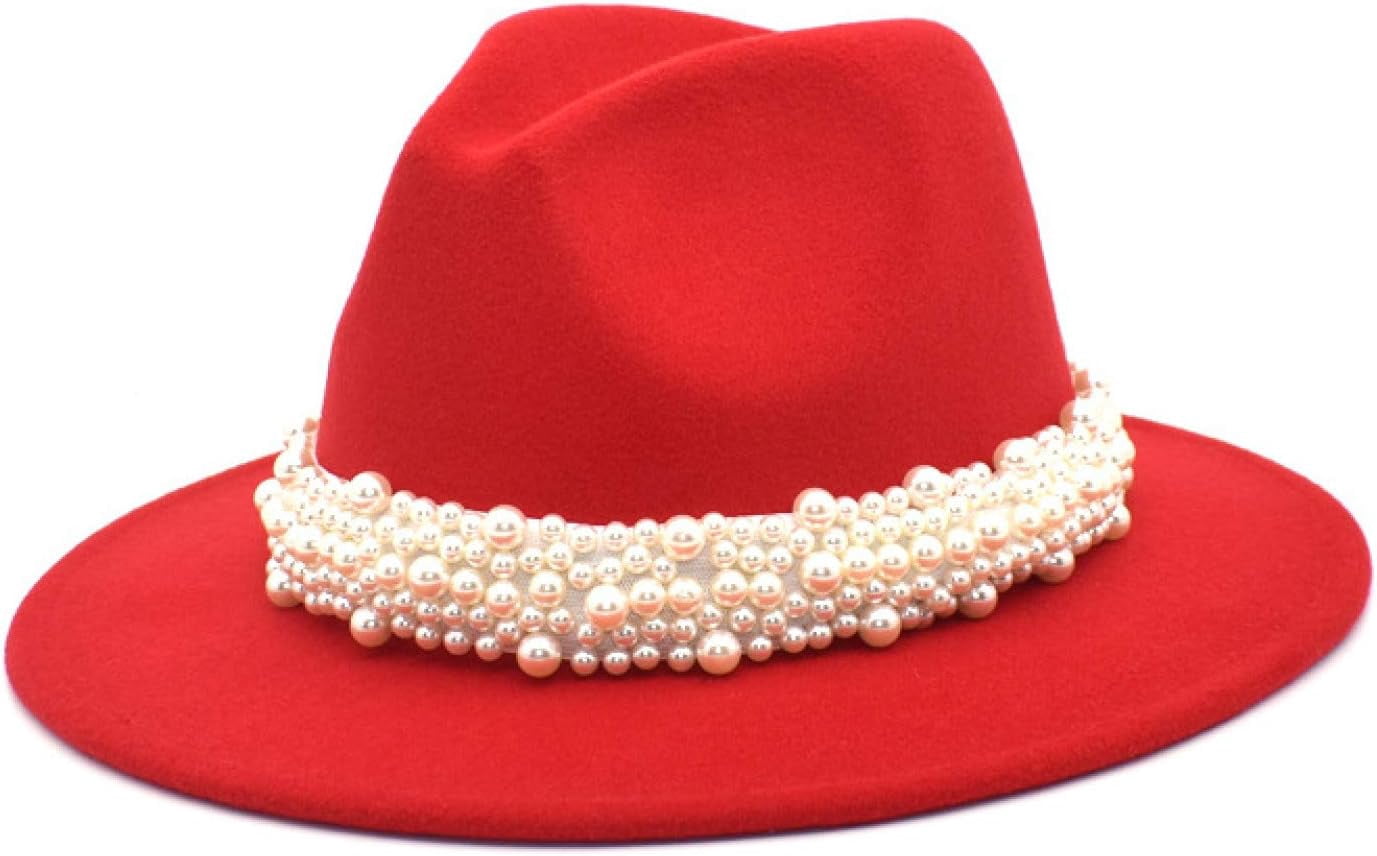 Female Fedora Hat with Pearl Band, Comfy Wool Wide Brim Felt 