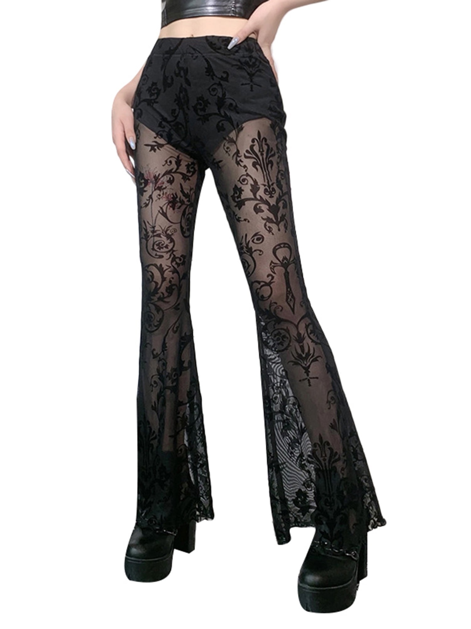 Female Flared Trousers, Adults Floral Print High Waist See-Through Long  Pants for Spring Summer 