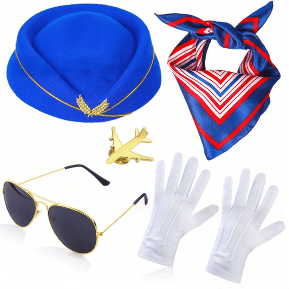 Female Flight Attendant Role Accessories - Featuring Pilot Sunglasses, A Stylish Hat, A Bright Scarf, And White Gloves. These Are Props For Masquerade Themes.