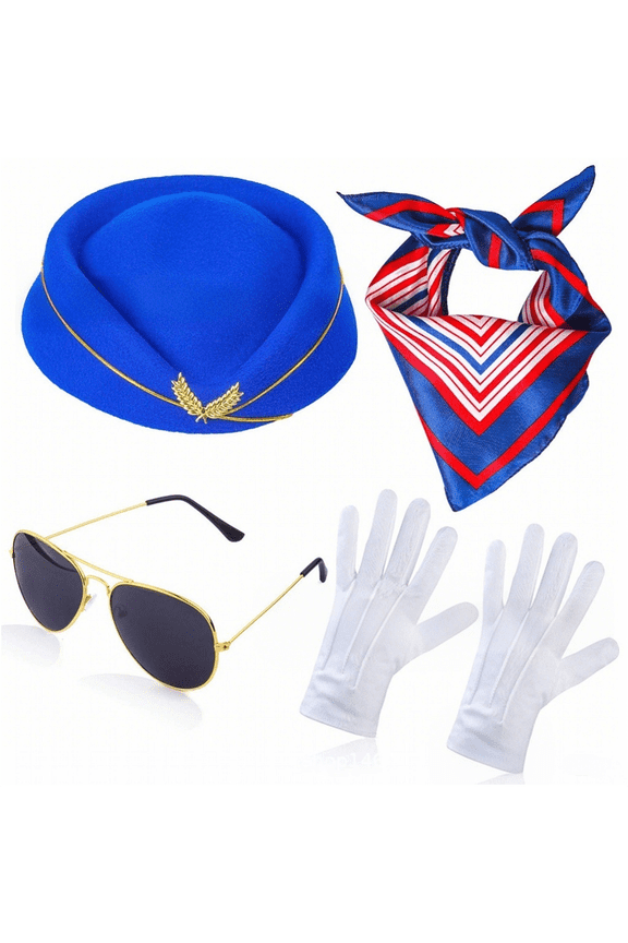 Female Flight Attendant Role Accessories - Featuring Pilot Sunglasses, A Stylish Hat, A Bright Scarf, And White Gloves. These Are Props For Masquerade Themes.