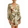 thumbnail image 1 of Female Floral Chiffon Long Sleeve Mini Dress Flowy A-Line Wrap Neck Tie Back Short Dress Green L, 1 of 7