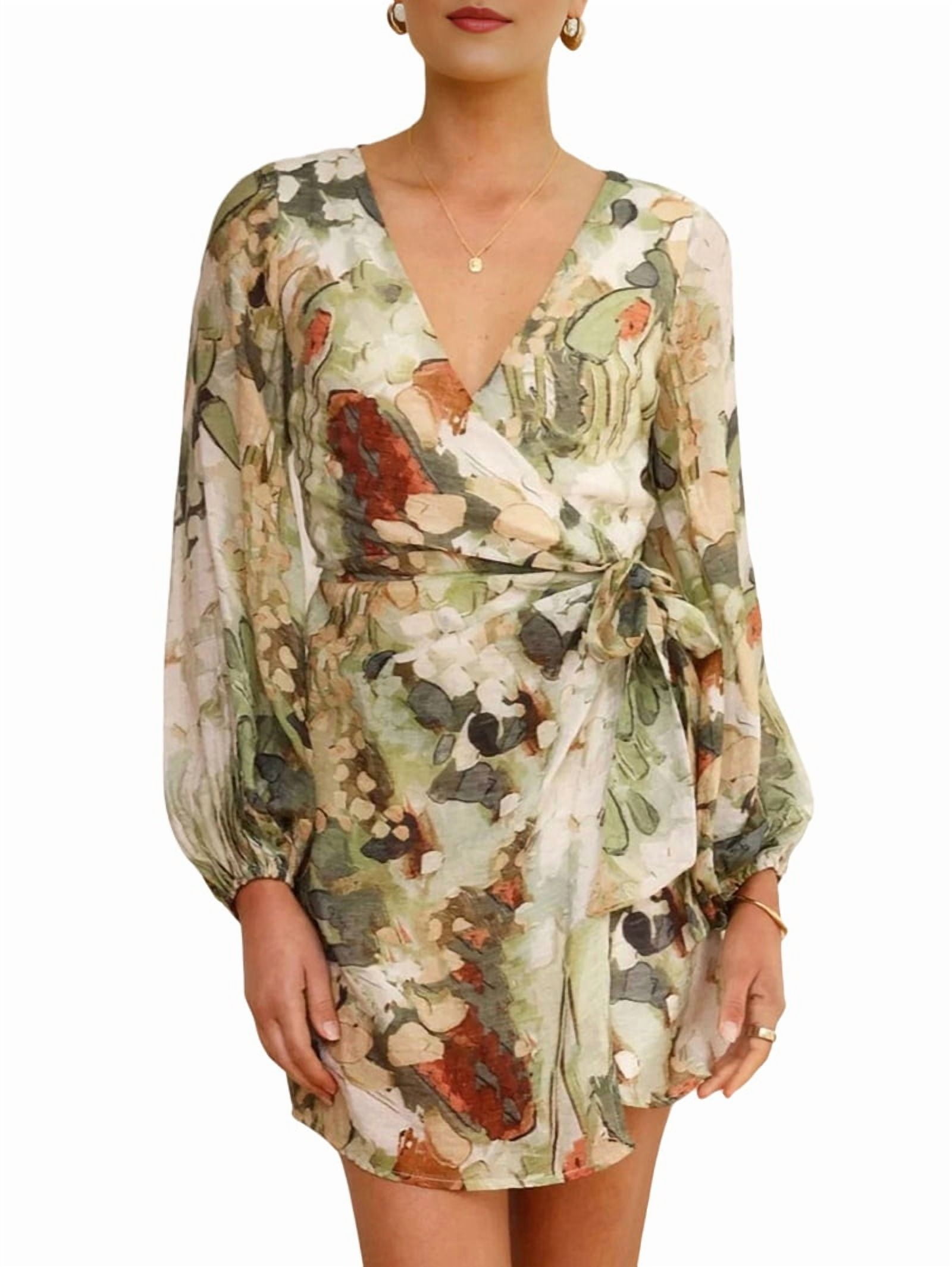 V Neck Puff Sleeve Printed Casual Mini Wrap Dress, Green / S