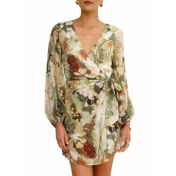 Female Floral Chiffon Long Sleeve Mini Dress Flowy A-Line Wrap Neck Tie Back Short Dress Green S
