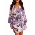 thumbnail image 1 of Female Floral Chiffon Long Sleeve Mini Dress Flowy A-Line Wrap Neck Tie Back Short Dress  L, 1 of 7