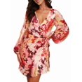 thumbnail image 1 of Female Floral Chiffon Long Sleeve Mini Dress Flowy A-Line Wrap Neck Tie Back Short Dress Orange & Red S, 1 of 8