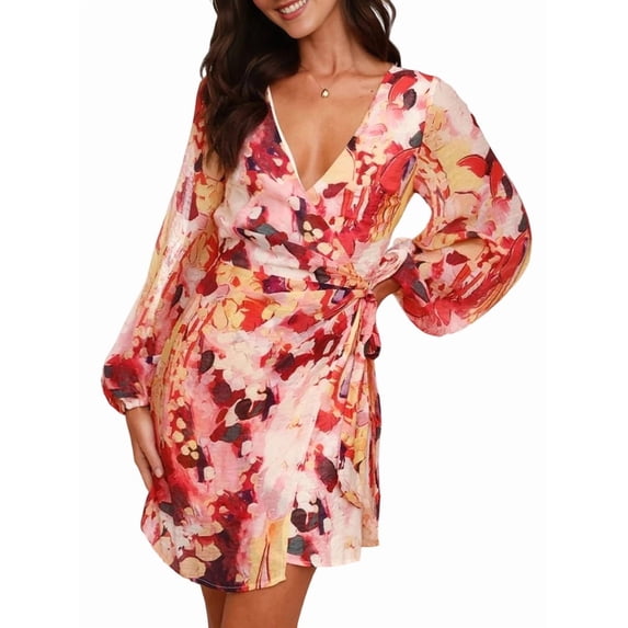 Female Floral Chiffon Long Sleeve Mini Dress Flowy A-Line Wrap Neck Tie Back Short Dress Orange & Red S