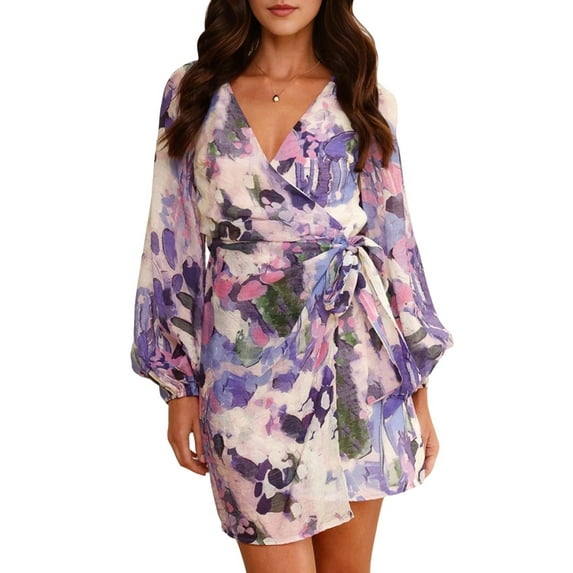 Female Floral Chiffon Long Sleeve Mini Dress Flowy A-Line Wrap Neck Tie Back Short Dress Purple XL