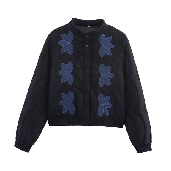 Female Floral Embroidered Cropped Quilted Jacket Winter Warm Button Down Puffer Jacket Coat with Pockets Black S