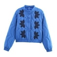 thumbnail image 1 of Female Floral Embroidered Cropped Quilted Jacket Winter Warm Button Down Puffer Jacket Coat with Pockets Blue M, 1 of 10