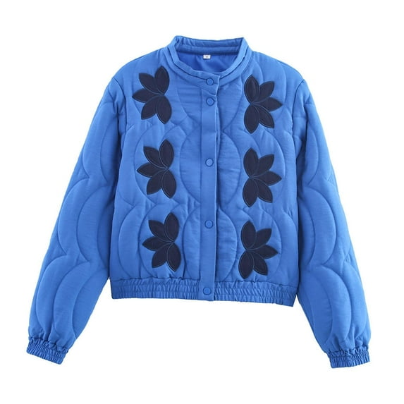 Female Floral Embroidered Cropped Quilted Jacket Winter Warm Button Down Puffer Jacket Coat with Pockets Blue XL