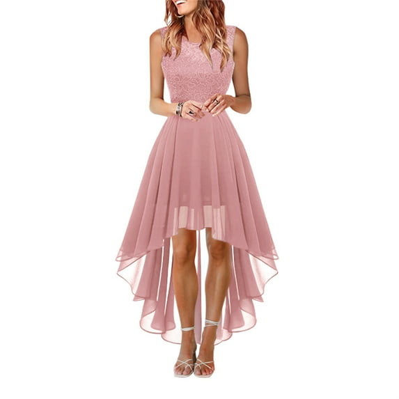 Female Floral Lace Chiffon Dress Bridesmaid Dress Cocktail Dresses Mid-length Prom Party Dresses with Waist Tied