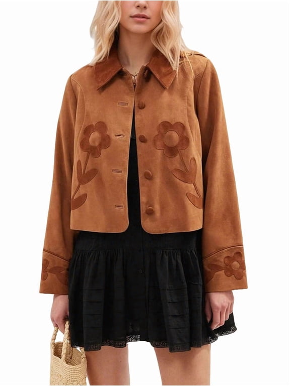 Female Floral Patchwork Cropped Faux Suede Leather Jacket Fall Clothes Button Down Coat Yellow-Brown S