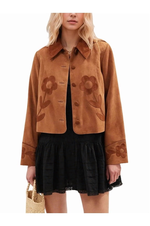 Female Floral Patchwork Cropped Faux Suede Leather Jacket Fall Clothes Button Down Coat Yellow-Brown XL