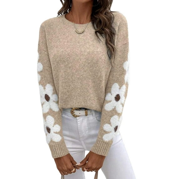 Female Floral Pattern Crewneck Long Sleeve Drop Shoulder Sweaters Pullover Tops Apricot Color S
