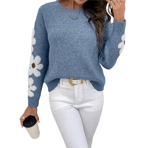 Female Floral Pattern Crewneck Long Sleeve Drop Shoulder Sweaters Pullover Tops Blue L
