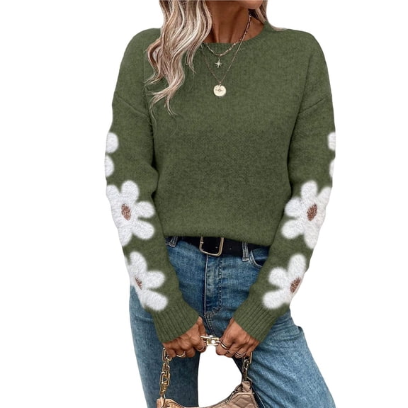 Female Floral Pattern Crewneck Long Sleeve Drop Shoulder Sweaters Pullover Tops Green L