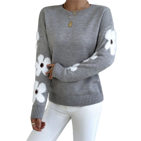 Female Floral Pattern Crewneck Long Sleeve Drop Shoulder Sweaters Pullover Tops Light Gray M