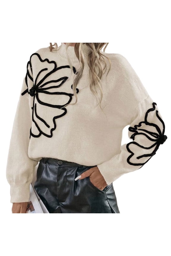 Female Floral Sweater Crew Neck Lantern Sleeve Fall Winter Trendy Warm Chunky Pullover Tops Cream White M