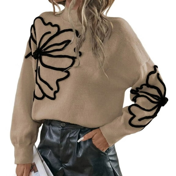Female Floral Sweater Crew Neck Lantern Sleeve Fall Winter Trendy Warm Chunky Pullover Tops Khaki M
