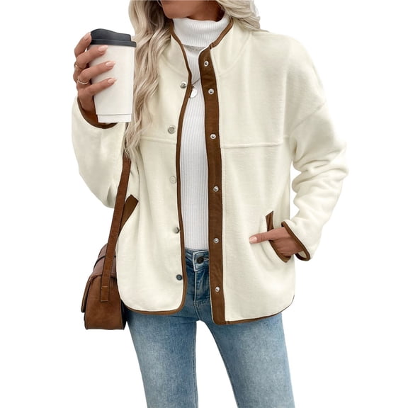 Female Fuzzy Fleece Jacket Button Down -Coats Casual Winter Warm Outwear with Pockets Color S