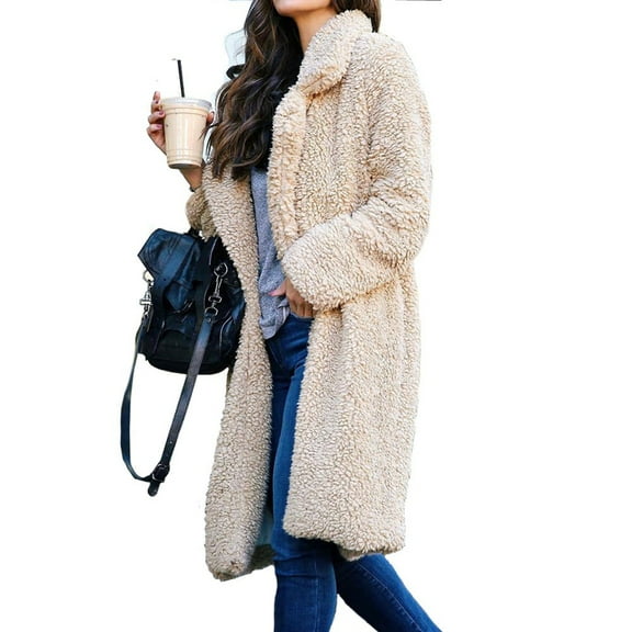 Female Fuzzy Fleece Lapel Open Front Long Cardigan Coat Faux Fur Warm Winter Outwear Jackets Color XL
