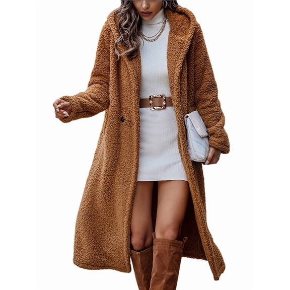 Female Fuzzy Fleece Lapel Open Front Long Cardigan Coat Fur Warm Winter Outwear Jackets Chocolate Color XL