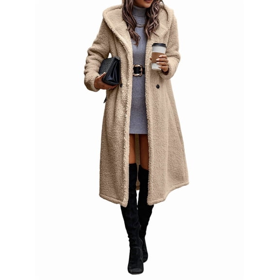 Female Fuzzy Fleece Lapel Open Front Long Cardigan Coat Fur Warm Winter Outwear Jackets Cream White S