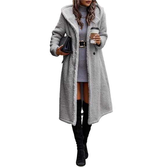 Female Fuzzy Fleece Lapel Open Front Long Cardigan Coat Fur Warm Winter Outwear Jackets Gray S